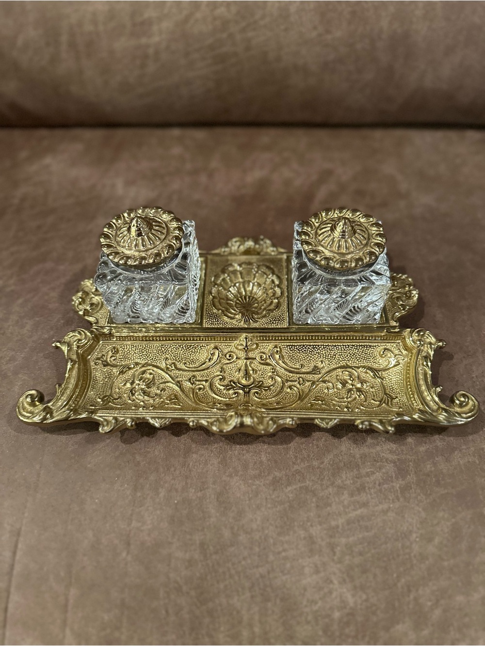 Vintage Virginia Metalcrafters Brass and Glass Inkwell Tray Set